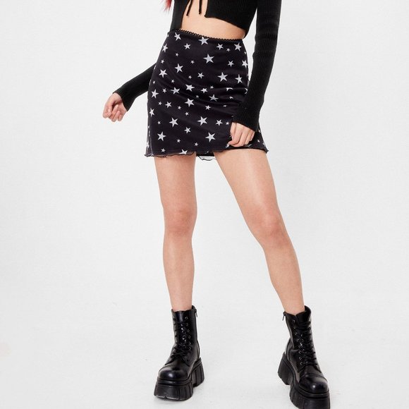 Nasty Gal Skirt Black White Star Print Mesh Mini Pull On NWT - Picture 14 of 15